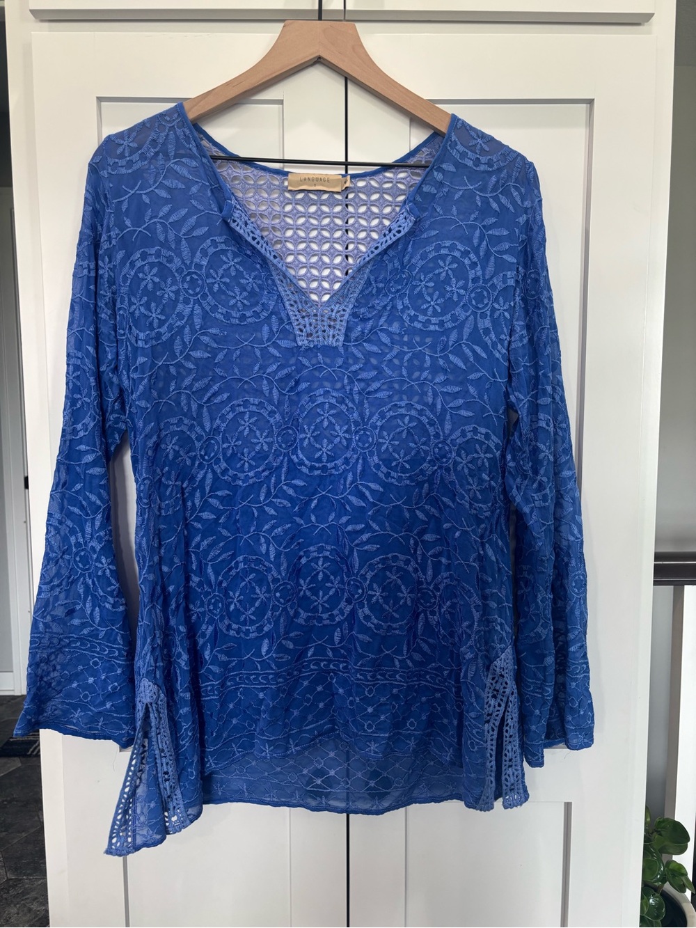 Language Silk Blend Blue Embroidered Crochet Tunic Top Bell Sleeve Small
